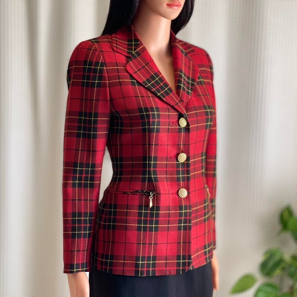 Vintage 90s E.R. Gerard for Renlyn‎ Red Plaid Blazer Jacket Gold Buttons Size 2P